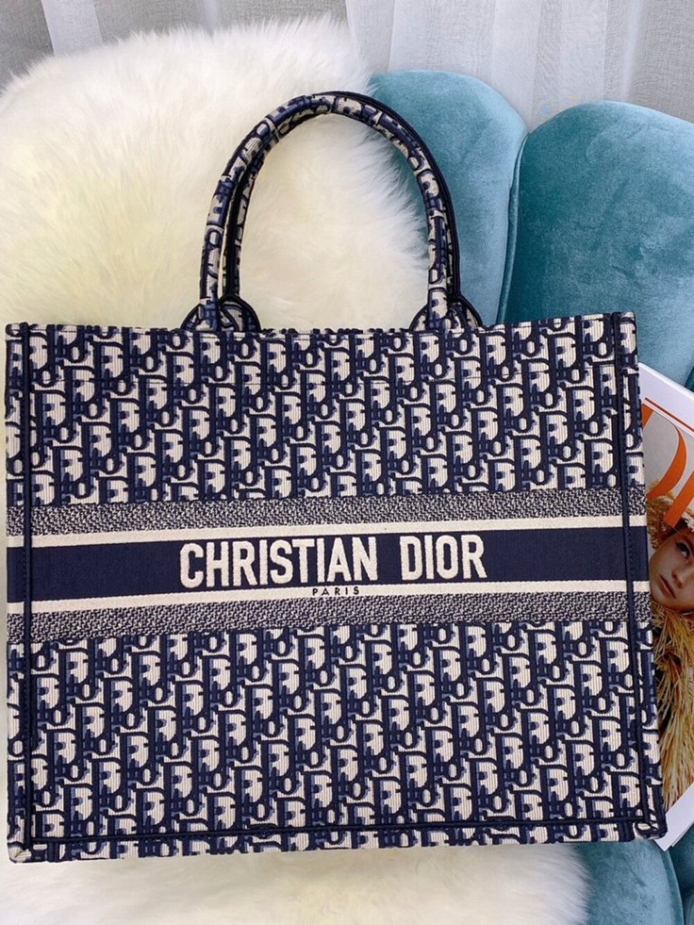 🍷LARGE DIOR BOOK TOTE Blue Dior Oblique Embroidery
